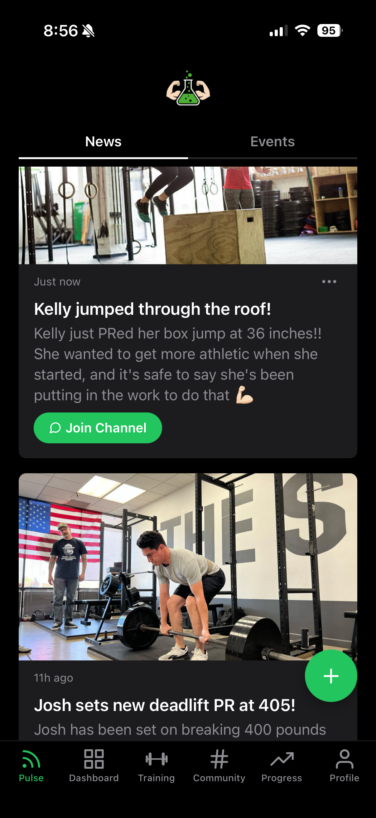 The Pulse — coach's community newsfeed showing PRs and milestones